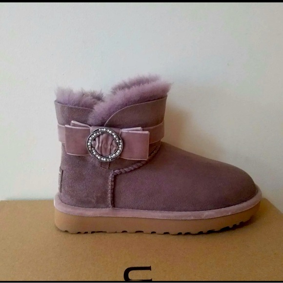 UGG Shoes - Ugg Mini Side Brooch Swarovski Bling storm grey Crystal Suede Mini Boots sz 7
